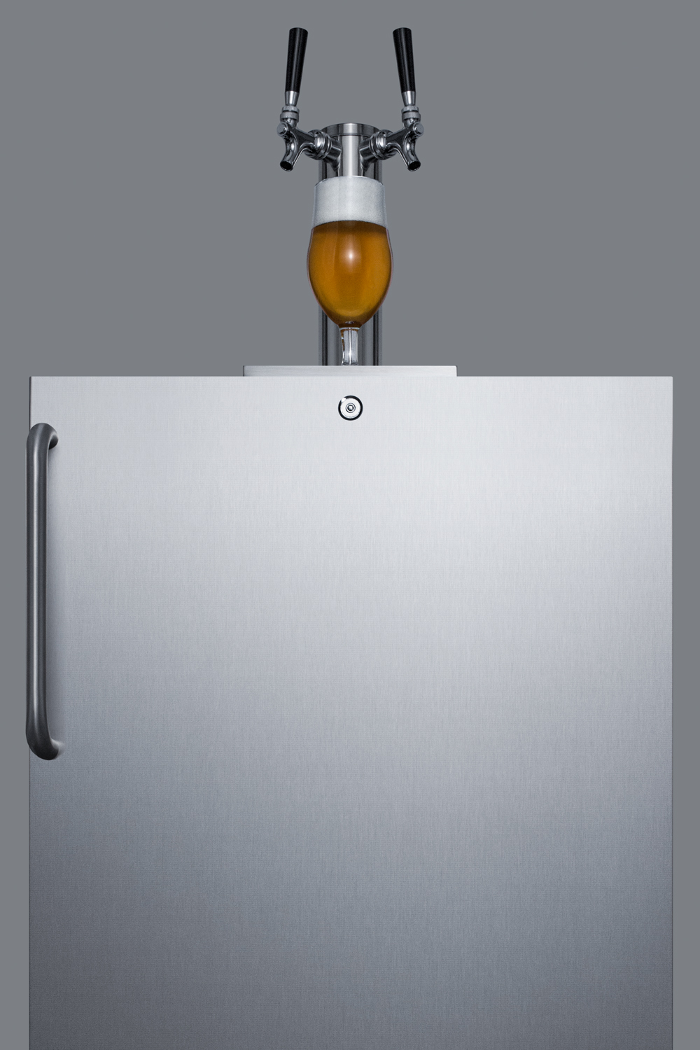 Built-in undercounter ADA height commercially listed dual tap beer dispenser in stainless steel for outdoor use